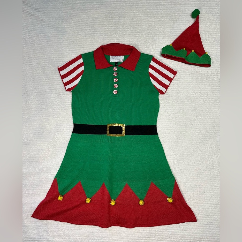 Allison Brittney NWOT Tinsel/Sequins Christmas Elf Sweater Dress With Hat Large